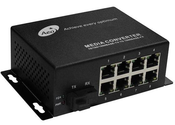 Konverter Media Serat Komersial 10/100M dengan 1 Port Serat dan 8 Ethernet