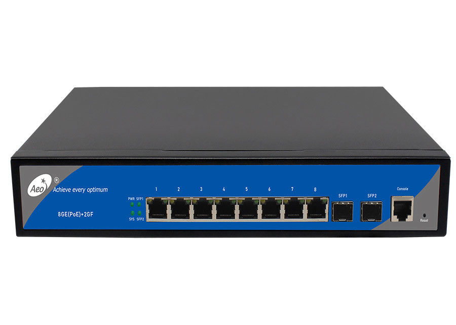L2 Dikelola 8 Port POE Sakelar Serat Ethernet 2 Port SFP Gigabit